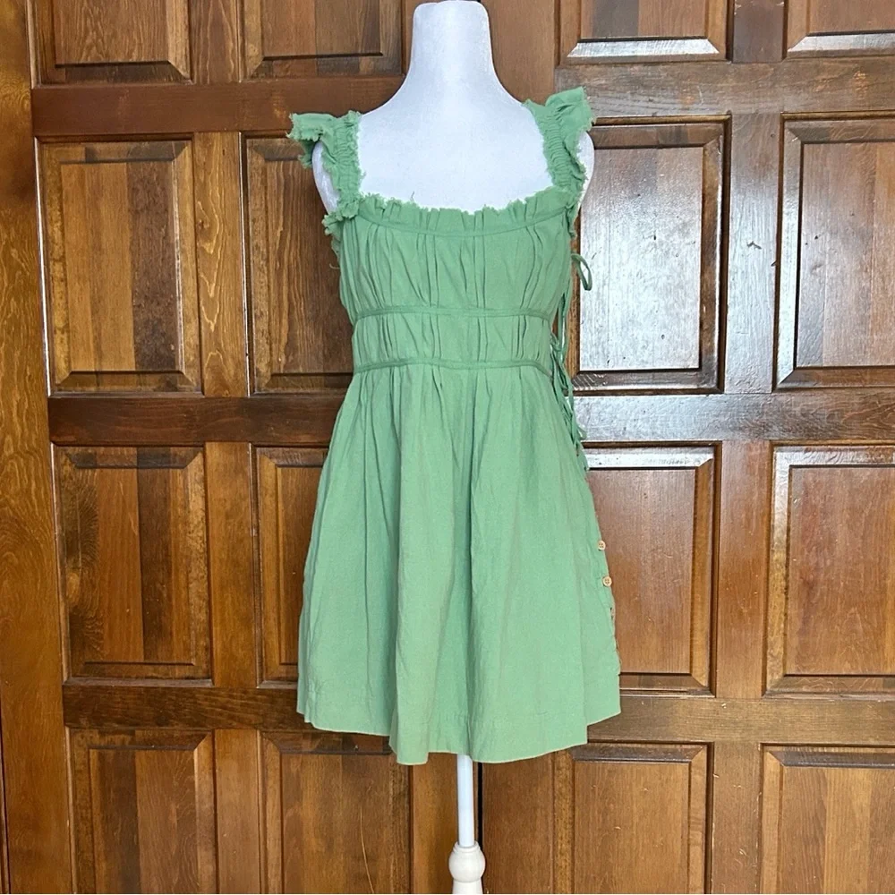 Free People Green Cotton Sundress Women’s‎ Small Ruffle Strap Button Side Boho
